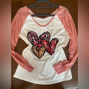 NWT white pink hearts Vday long sleeve sheer stripe sleeves size small